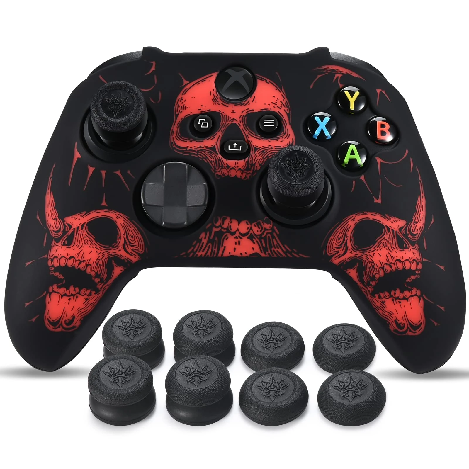 YoRHa Laser Carving Silicone Skin for Xbox Series X/S Controller x 1(Red) with Pro Thumb Grips x 8