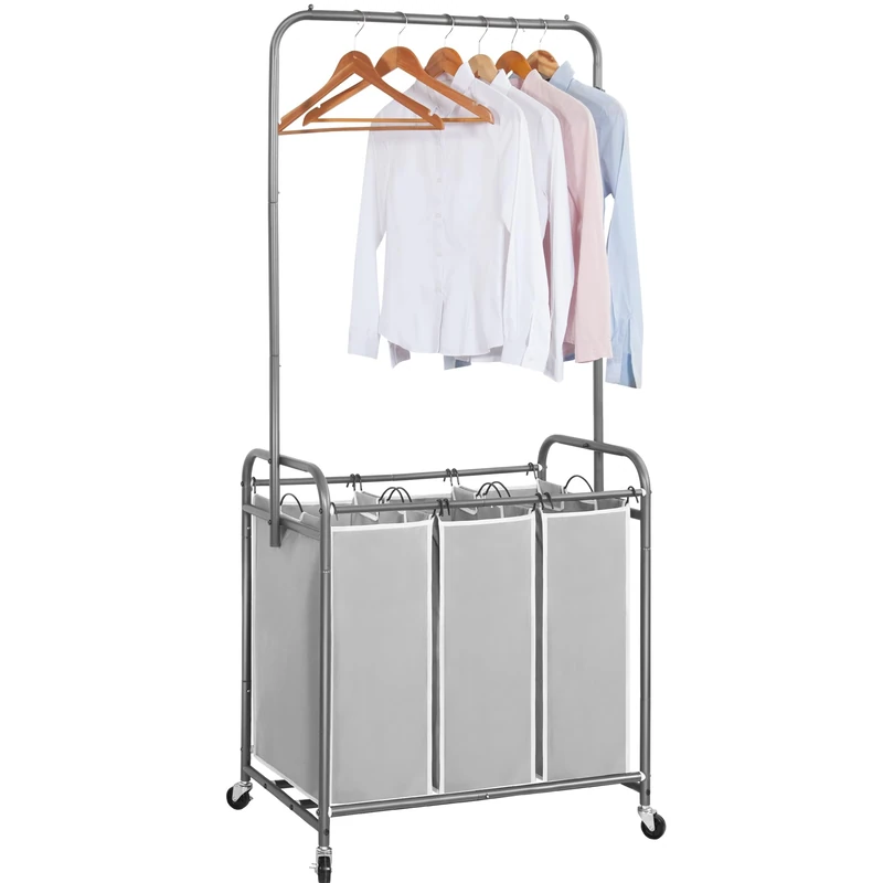 STORAGE MANIAC Laundry Sorter with Hanging Bar, Laundry Hamper Cart with Heavy Duty Rolling Lockable Wheels and Removable Bags, Rolling Laundry Basket Organizer 136L, 3 Section