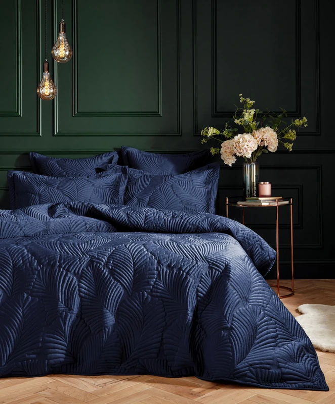 Paoletti Palmeria Quilted Duvet Cover Set – Luxe Embroidered Velvet Bedding (Navy – Double)