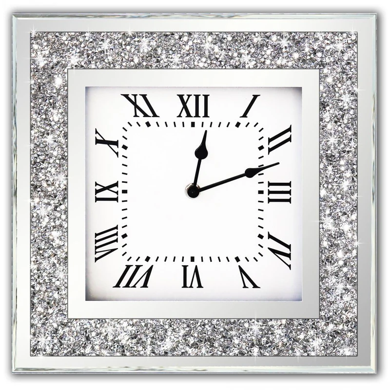 DMDFIRST Crystal Crush Diamond Mirrored Square Wall Clock with Sparkle Twinkle Bling Decor for Decoration, 16x16 inch Decorative Silver Mirror Quartz Home Decor. AA Battery not Included