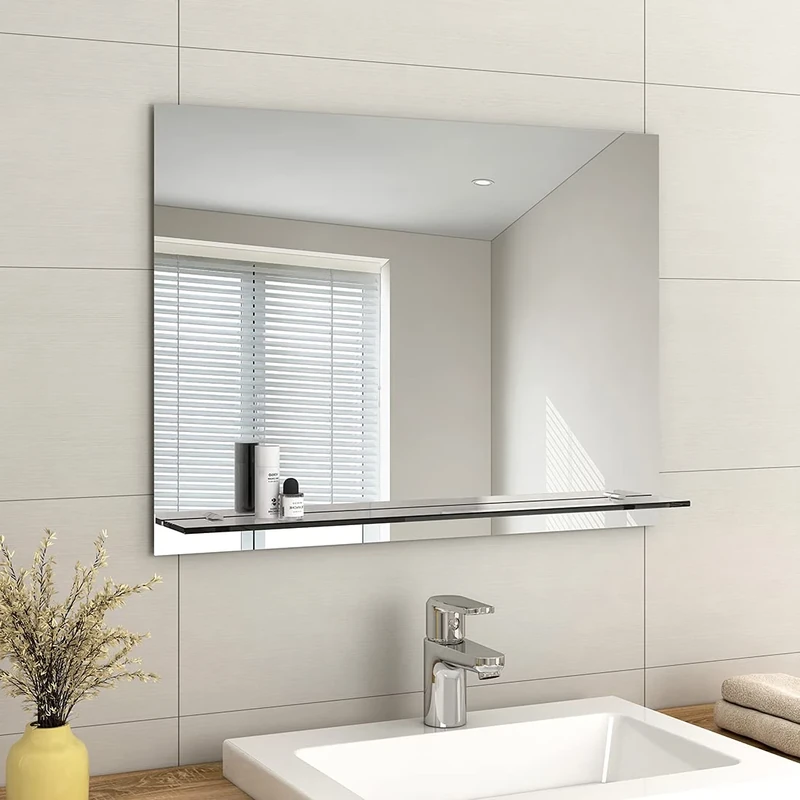 EMKE Frameless Mirror with Shelf - Small Bathroom Wall Shaving Mirror with Storage, Rectangle Vanity Mirrors 80x60cm