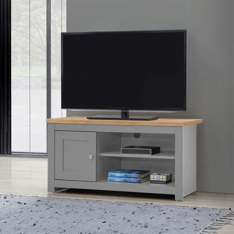 Timber Art Design UK TV Unit Cabinet Storage Stand With 2 Open Shelves Media Devices Modern Furniture Living Room, Light Grey - 50 x 99 x 40 cm