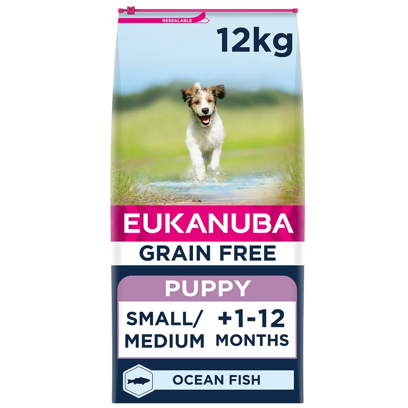 Eukanuba Grain Free Complete Dry Dog Food for Puppy Small and Medium Breeds with Ocean Fish 12 kg