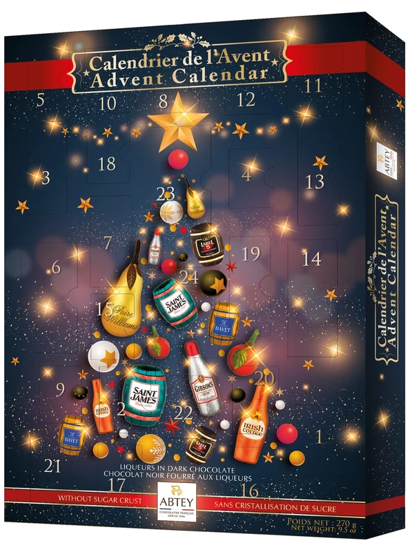 ABTEY Dark Chocolate Liqueur Advent Calendar 2025 - Assortment of Saint James® Rum, Irish Coffee, Label 5® Scotch Whiskey, BAYET Cognac & others - 270g