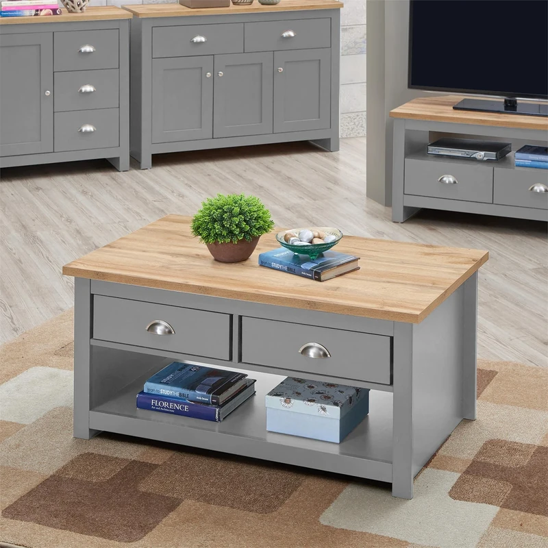 Timber Art Design UK Lisbon Coffee Table With 2 Drawers Compartment Storage Shelf Rectangular Design for Modern Living Room, Home, Bedroom, Office Furniture, Grey - 50 x105 x 60 cm