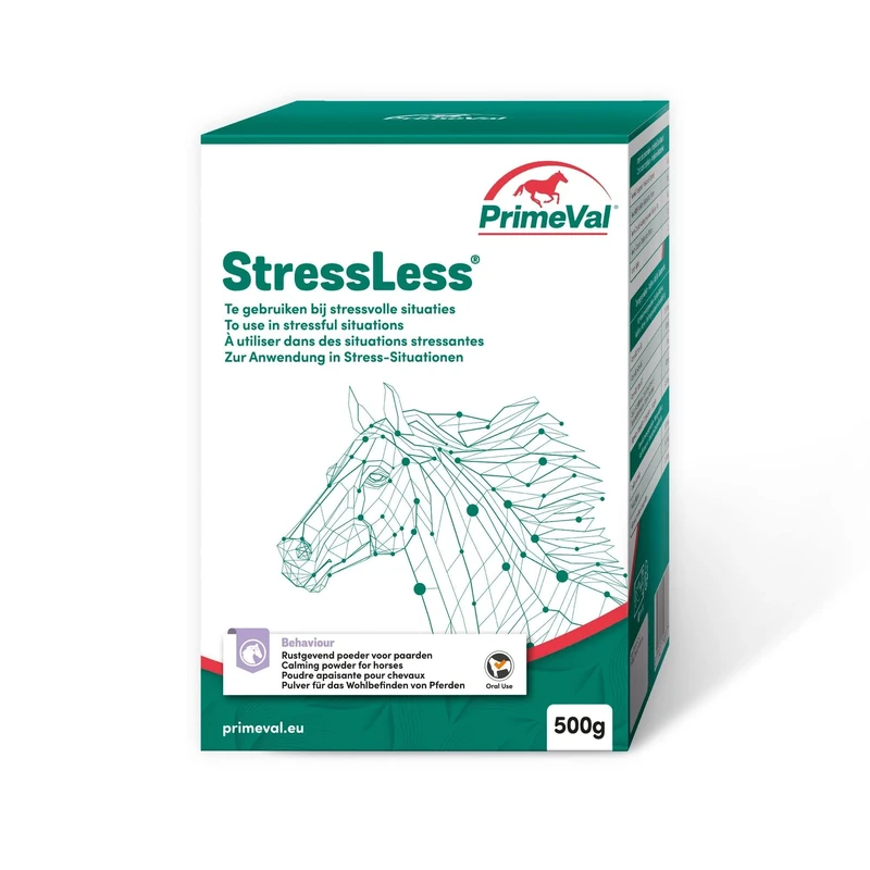 PrimeVal – StressLess® Powder – For Horses & Ponies – Natural Calming Supplement – For Stressful Situations – Ideal for Competitions & Travelling – No Sedation – Sprinkle Over Food – 500g Tub