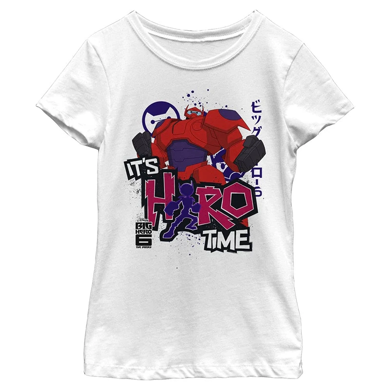 Disney Big Six Series Girls Hero Time Baymax Crew Neck T-Shirt - White, Large, White, L