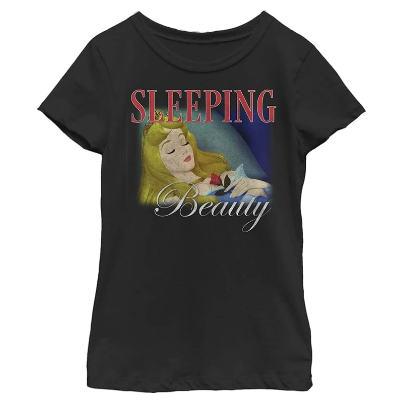 Disney Princess Classic Sleeping Beauty Girl's Solid Crew Tee, Black, X-Small, Schwarz, XS