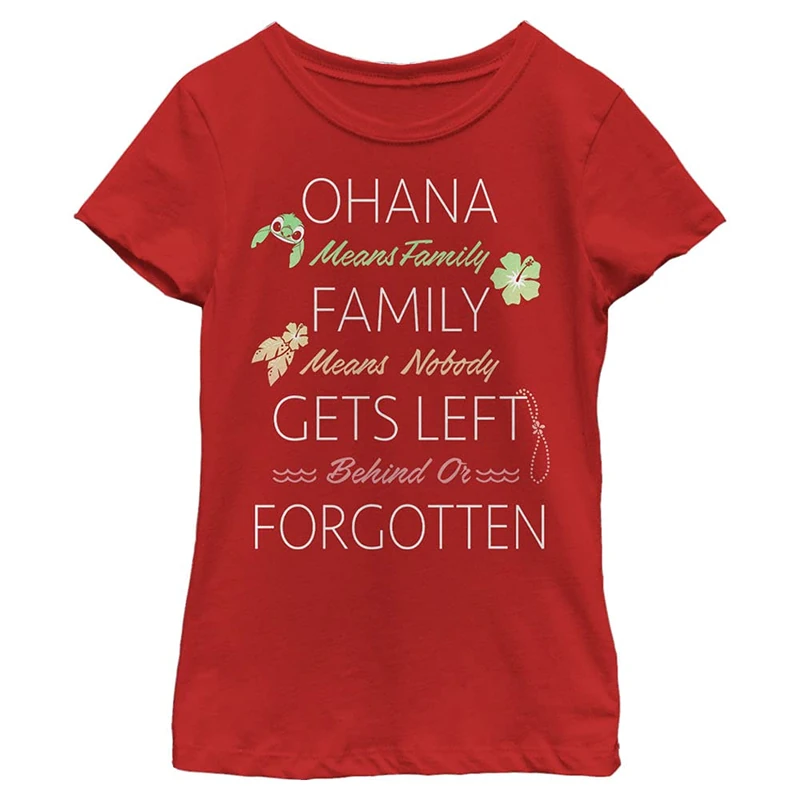 Disney Lilo & Stitch Ohana Family Quoted Girl's Solid Crew Tee, Red, X-Small, Rot, XS