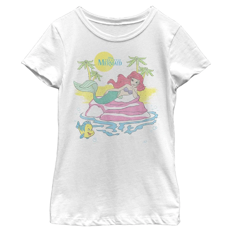 Disney Princess Beachy Ariel Girl's Solid Crew Tee, White, X-Small, Weiß, XS