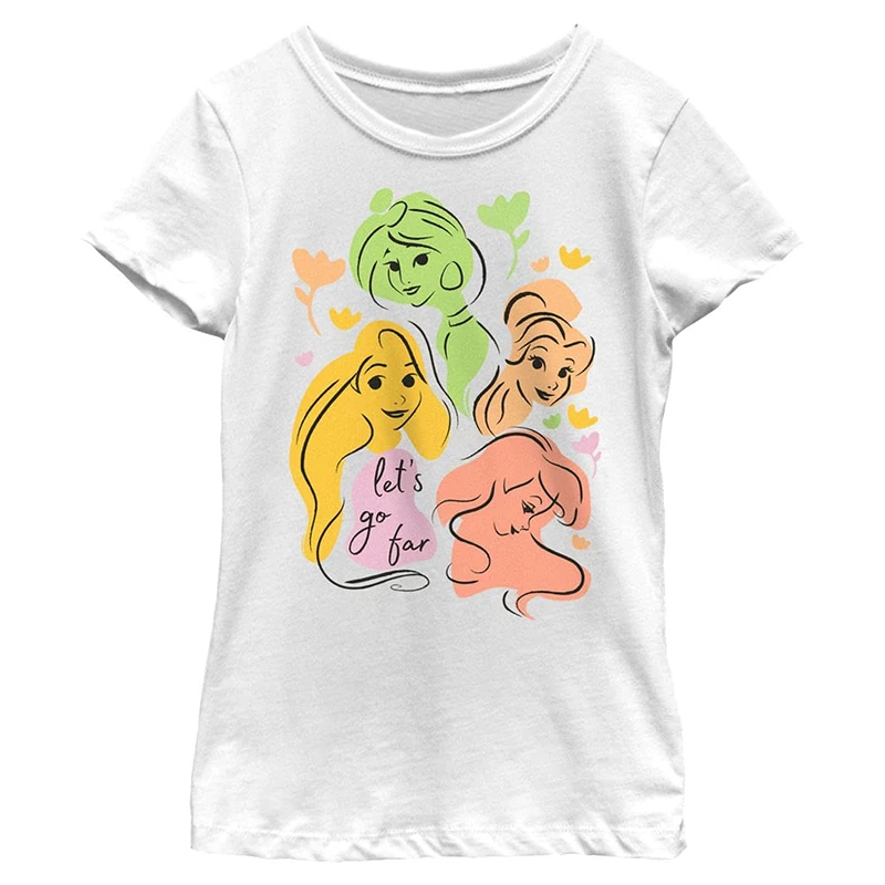Disney Abstract Princesses Girl's Solid Crew Tee, White, X-Small, White, XS