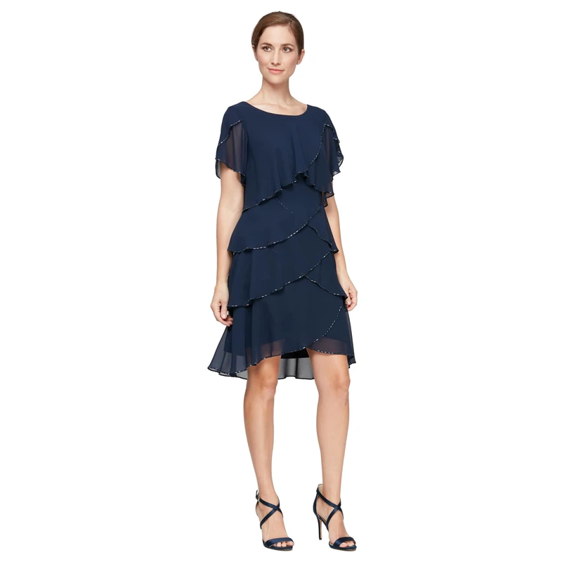 S.L. Fashions Women's Short Sleeve Solid Tulip Tiered Chiffon Dress (Missy and Petite) Special Occasion, Navy Beaded Trim, 22