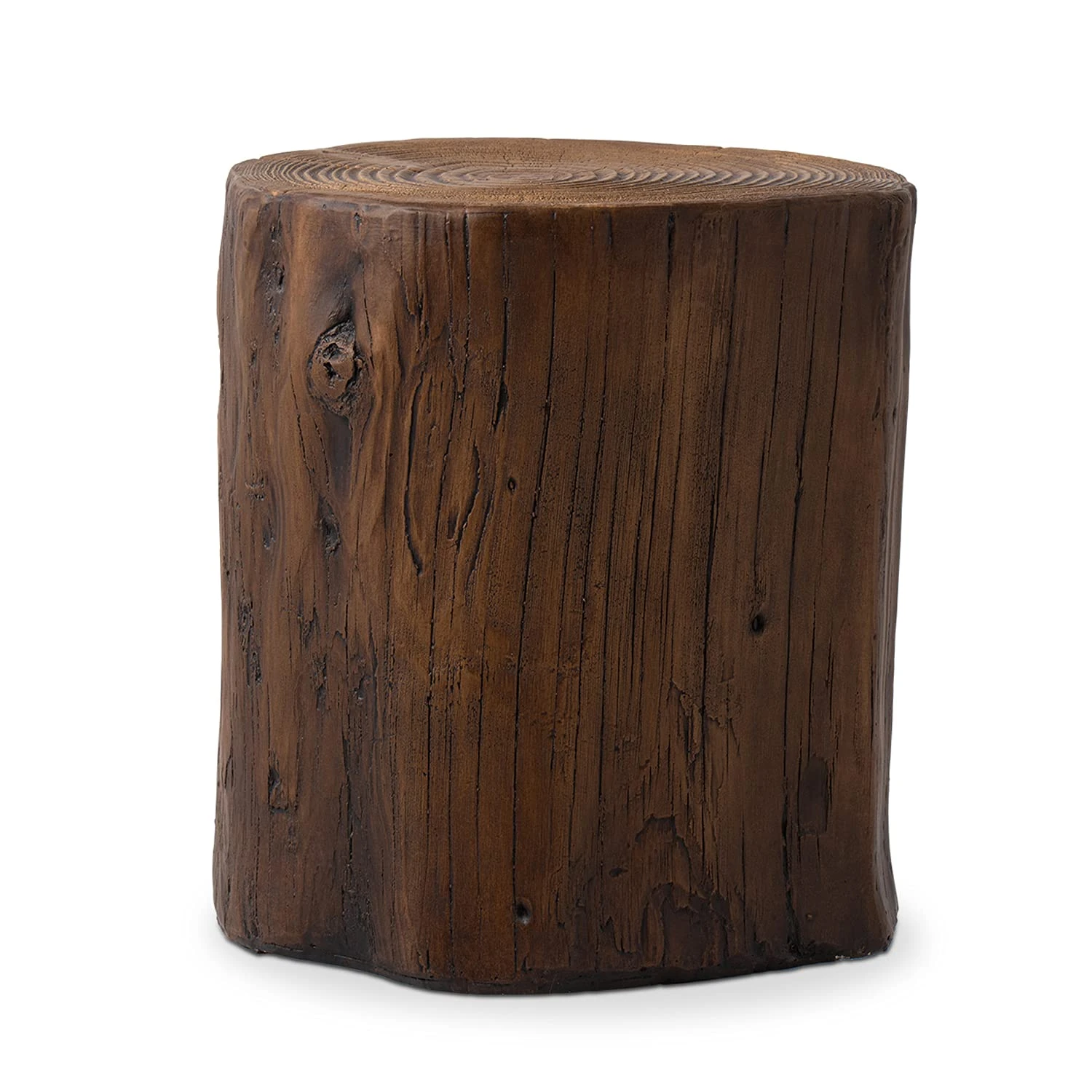 COSIEST Outdoor End Table Black Walnut Colored Faux Wood, Hand-Painted Wood Stump Stool, Ottoman or Plant Stand, Deck or Garden