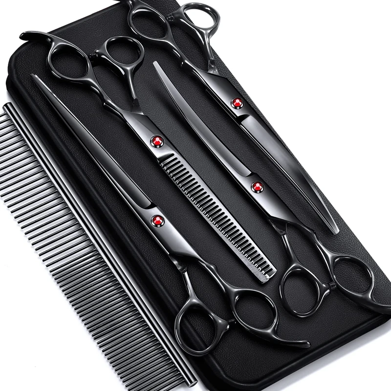 Gimars 7.0in Stainless Steel 6 in 1 Professional Dog Grooming Scissors Kit, Heavy 4CR Titanium Coated Straight & Thinning & Curved Shears & Comb Set for Dog & Cat Grooming