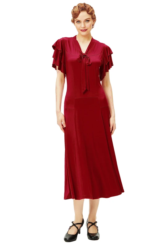 BABEYOND Womens Vintage Flapper Dress 1920s Ruffle Cocktail Party Dresses Tie Neck, Wine Red, Medium