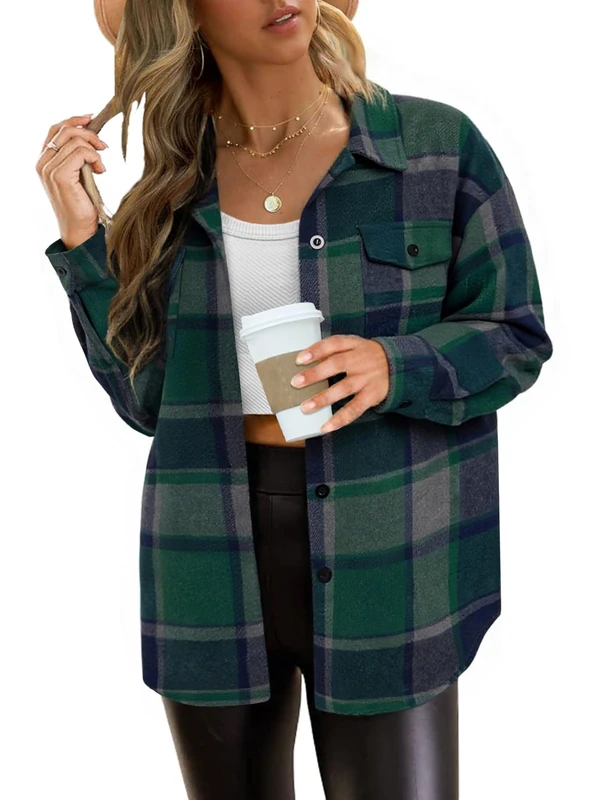 AUTOMET Womens Fall Outfits Fashion Clothes Shackets Flannel Plaid Button Down Long Sleeve Shirts Jackets 2024, Green, XL