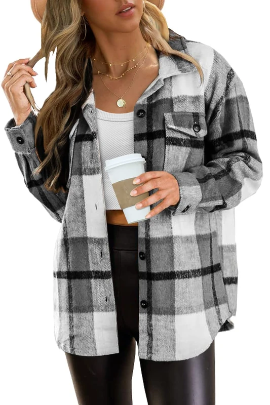 AUTOMET Fall Outfits Womens Fashion Casual Plaid Shackets Button Down Long Sleeve Shirts 2024 Clothes, Grey, Medium - Image 1