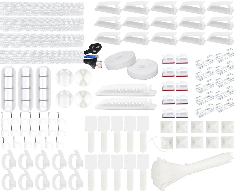 SOULWIT 200PCS Cable Management Kit,4 Cable Sleeves,37 Cable Clips,7 Cable Holders,10 Zip Tie Mounts,20 Cable Clip Nails,100 Cable Fastening Ties,20+2 Roll Cable Straps for TV PC Computer Under Desk