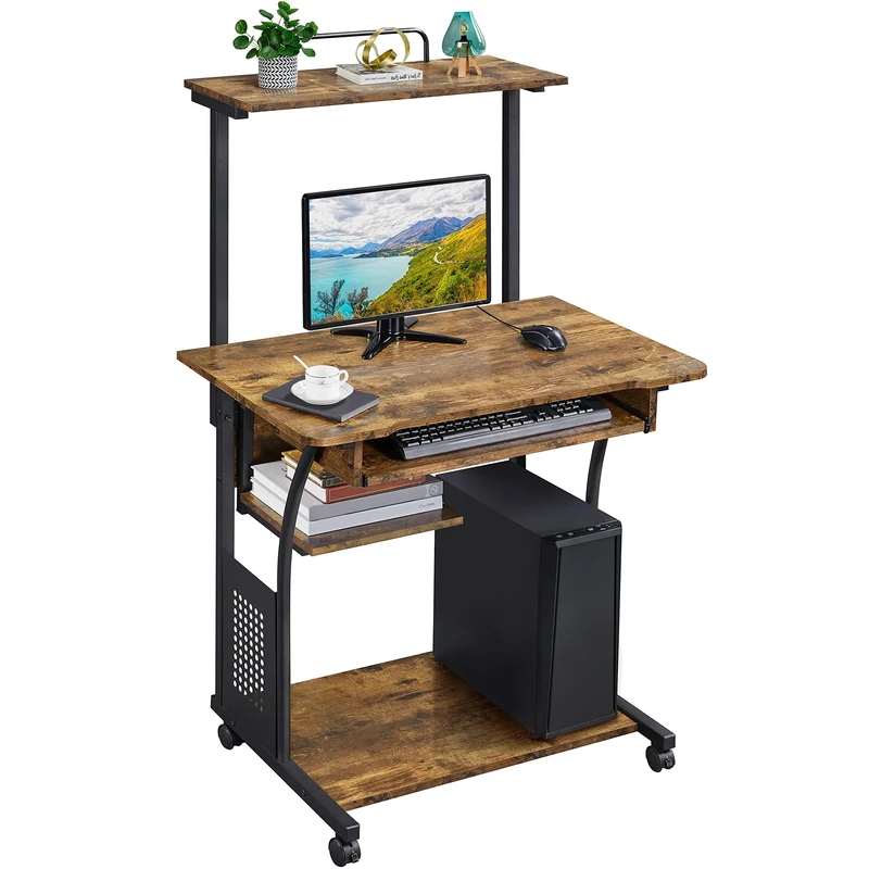 Yaheetech 3 Tier Computer Desk with Printer Shelf and Keyboard Tray, Home Office Desk Computer Workstation Rolling Study Desk PC Laptop Table for Small Spaces Rustic Brown
