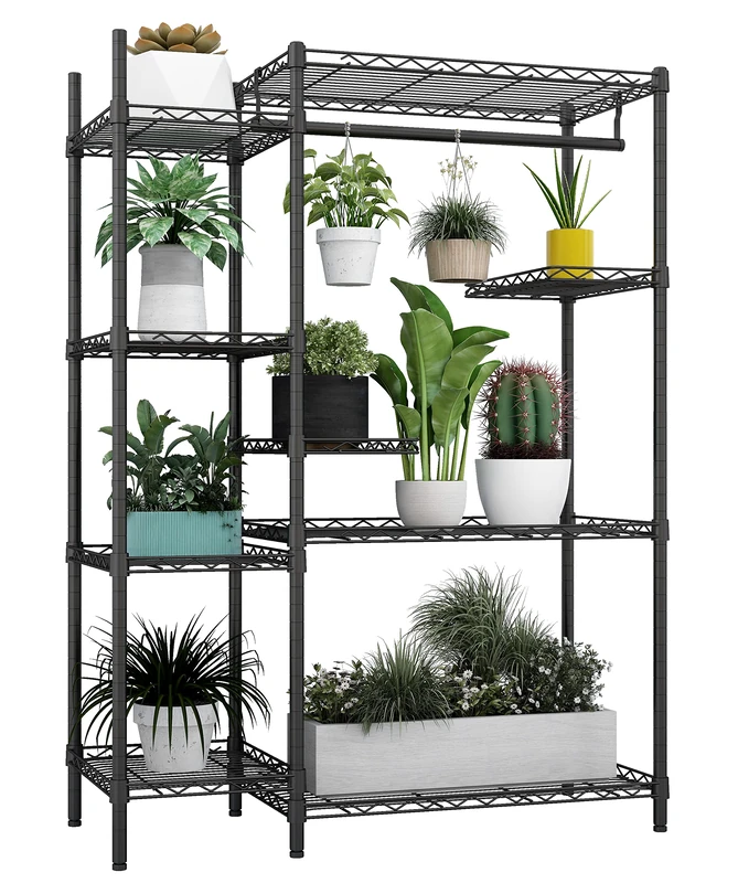Xiofio Plant Stands for Indoor Plantsd Outdoor Plant Shelf, 4 Tier 12 Pots Flower Pots Holder Storage Shelf Flower Stands with Hanger Rod for Living Room Balcony and Garden,Black