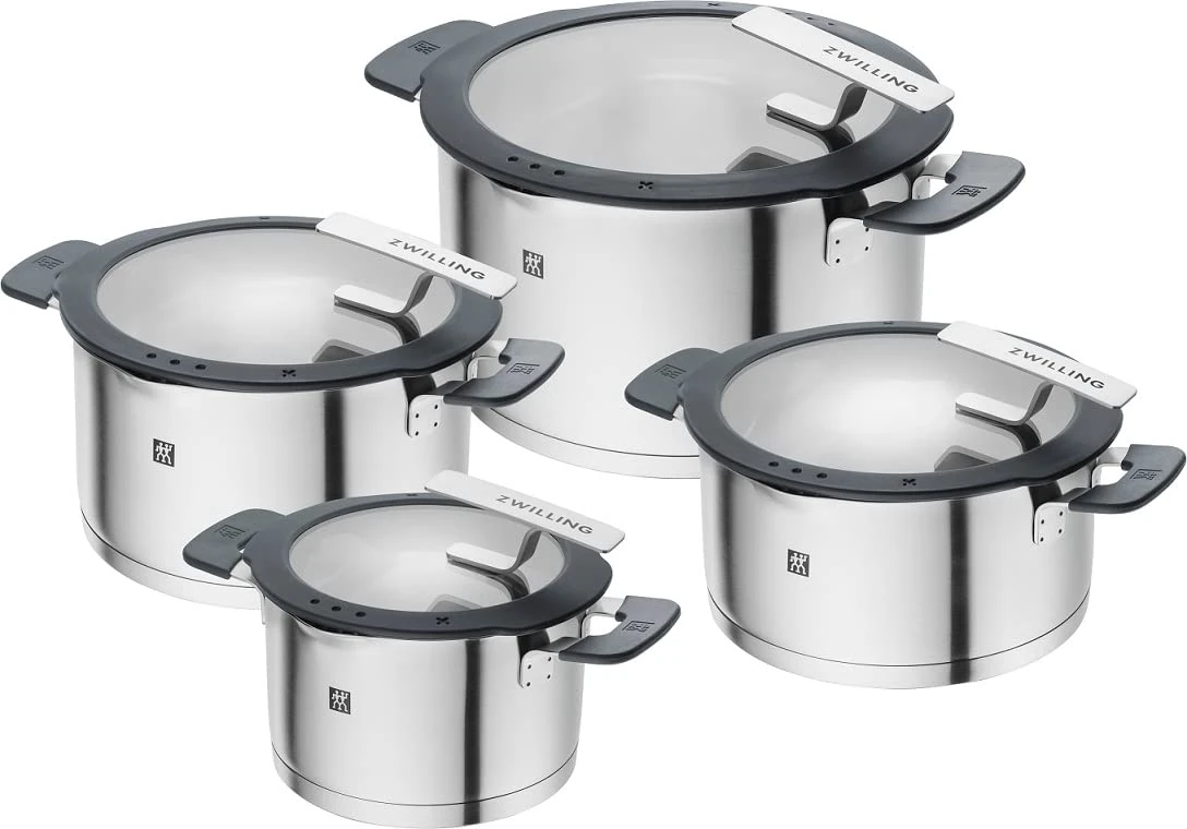 ZWILLING Simplify Stainless Steel Pot Set, 4 Pieces, Integrated Sieve, Suitable for Induction, Silver-Black