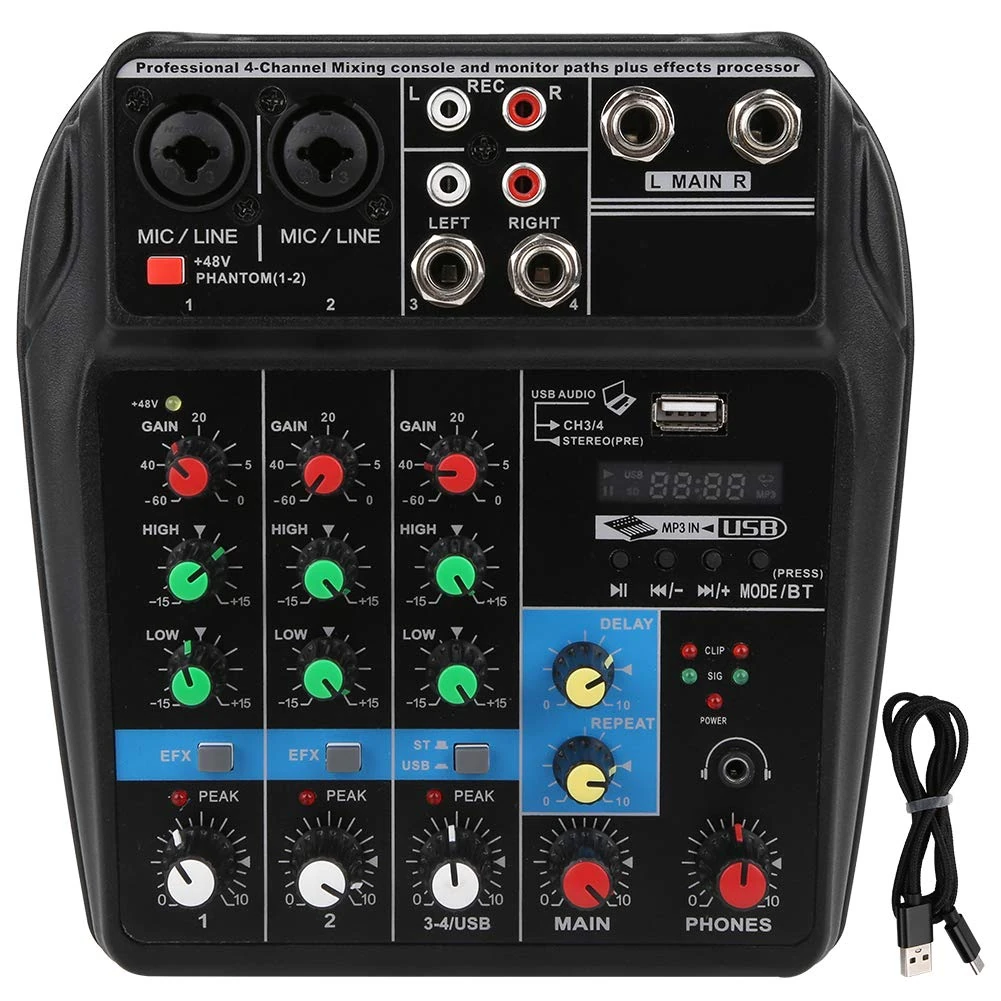Audio Mixer 4 Channels, Mixing Console with Bluetooth USB Recording, Used for Home Music Production, Web Broadcasting, Karaoke