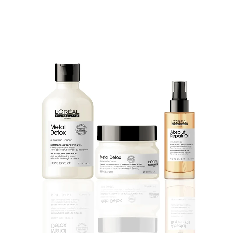 L’Oréal Professionnel Serie Expert Detox and Hydrate Routine for Damaged Hair, Metal Detox Shampoo, Mask with Absolut Repair Leave-in Oil, 300 ml, 250 ml and 90 ml, Bundle Set