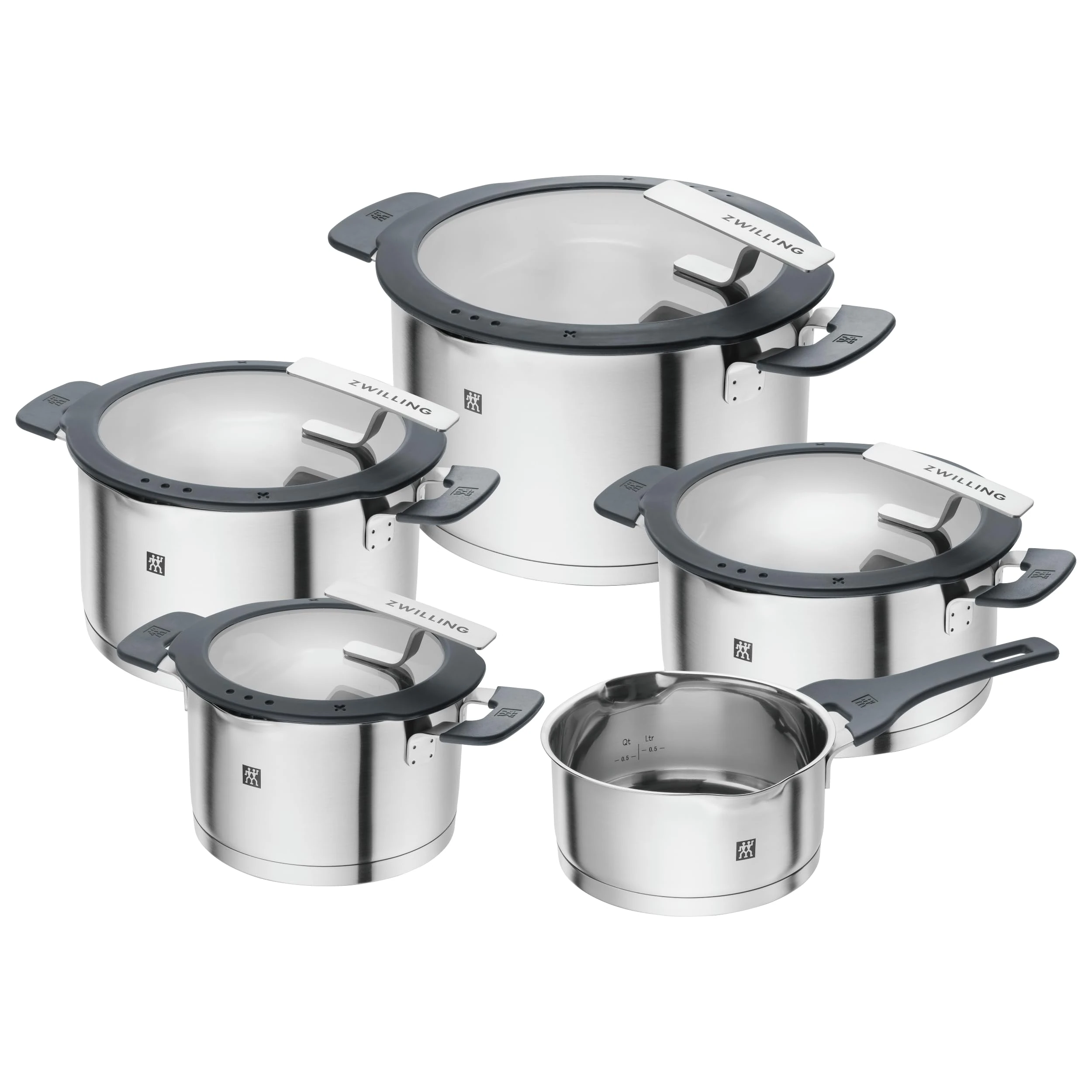 ZWILLING Simplify Stainless Steel Pot Set, 5 Pieces, Integrated Sieve, Suitable for Induction, Silver-Black