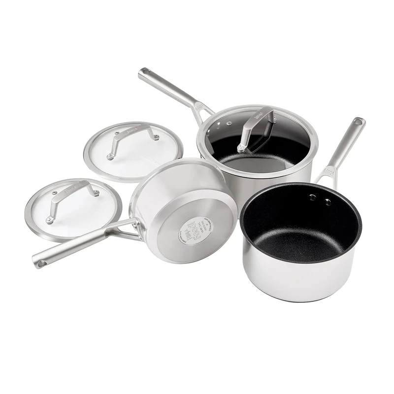Ninja ZEROSTICK Stainless Steel Cookware 3-Piece Saucepan Set with Glass Lids, Long Lasting, Non-Stick Saucepans (16, 18 & 20cm), Induction Compatible, Oven Safe to 260°C, C63000UK