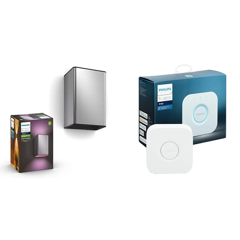 Philips Hue Resonate White & Colour Ambiance LED Smart Outdoor Wall Light 2 Pack [INOX]+ Hue Bridge. Works with Alexa, Google Assistant and Apple HomeKit.