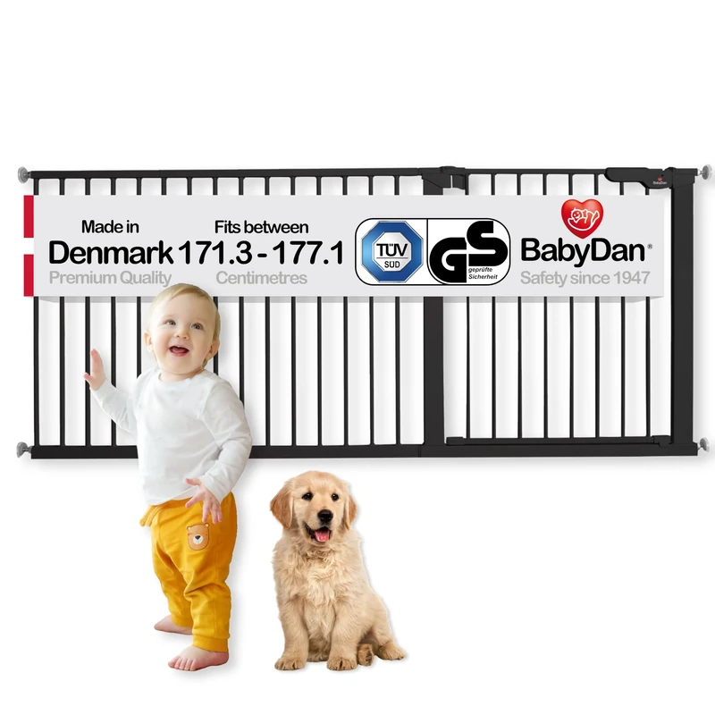 BabyDan Premier, Extra Wide Pressure Fit Stair Gate, 171.3-177.1 cm, Baby Gate/Safety Gate, Metal, Black, Made in Denmark - (Pet Gate/Dog gate)
