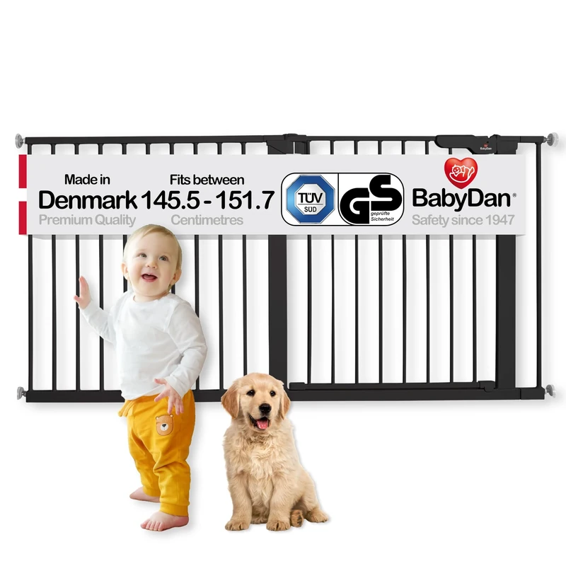 BabyDan Premier, Extra Wide Pressure Fit Stair Gate, 145.5-151.7 cm, Baby Gate/Safety Gate, Metal, Black, Made in Denmark - (Pet Gate/Dog gate)