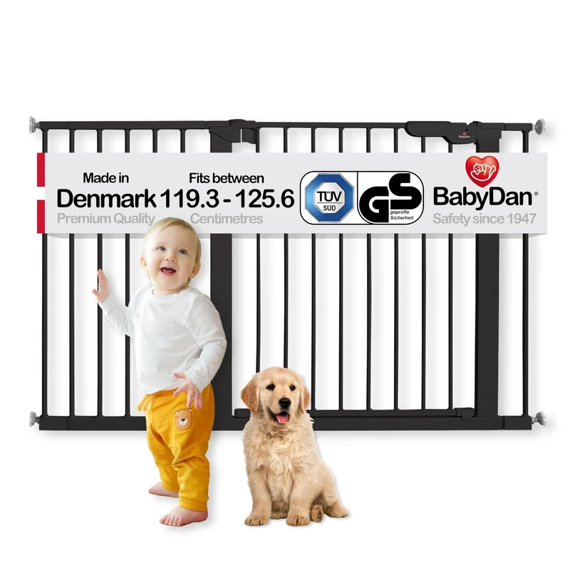 BabyDan Premier, Extra Wide Pressure Fit Stair Gate, 119.3-125.6 cm, Baby Gate/Safety Gate, Metal, Black, Made in Denmark - (Pet Gate/Dog gate)