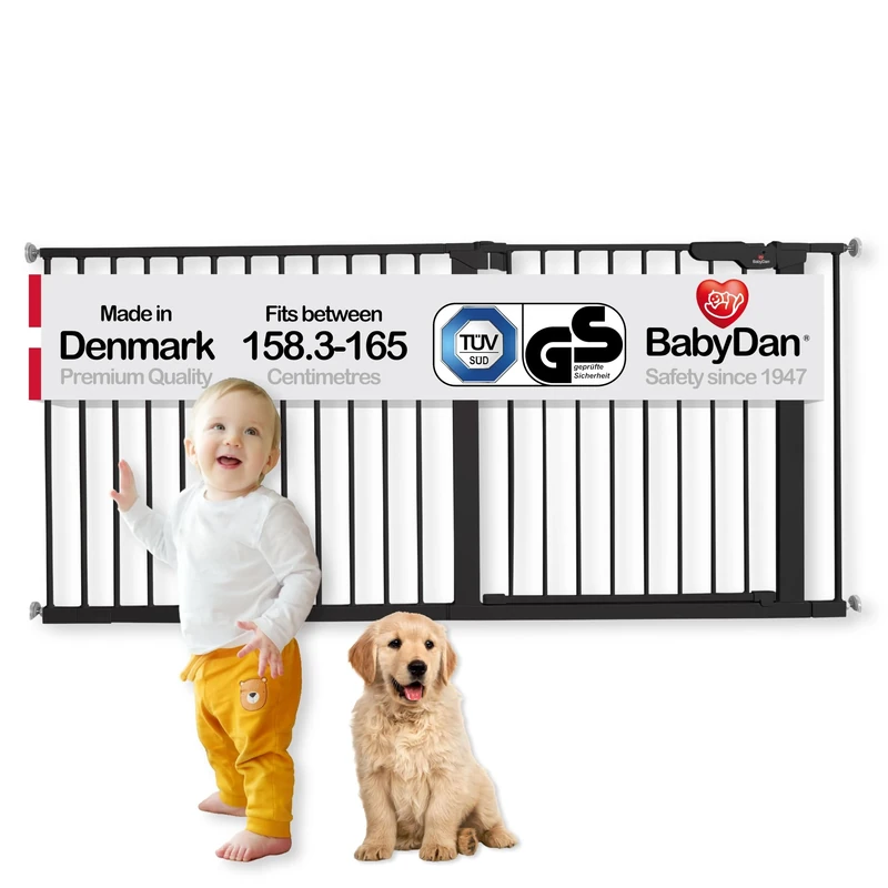 BabyDan Premier, Extra Wide Pressure Fit Stair Gate, 158.3-165 cm, Baby Gate/Safety Gate, Metal, Black, Made in Denmark - (Pet Gate/Dog gate)