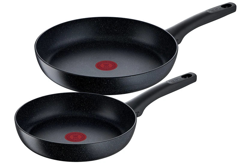 Tefal Black Stone G28191 Set of 2 Frying Pans 24 and 28 cm Non-Stick Coating, Thermal Signal at Ideal Frying Temperature, Suitable for Induction Cookers, Black
