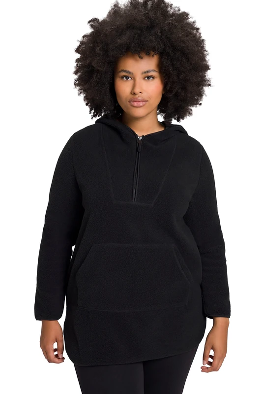 Ulla Popken Ladies Plus Size Plus Size Long Teddy Fleece Pullover Hooded Zip Long Sleeve 800546, black, 58-60