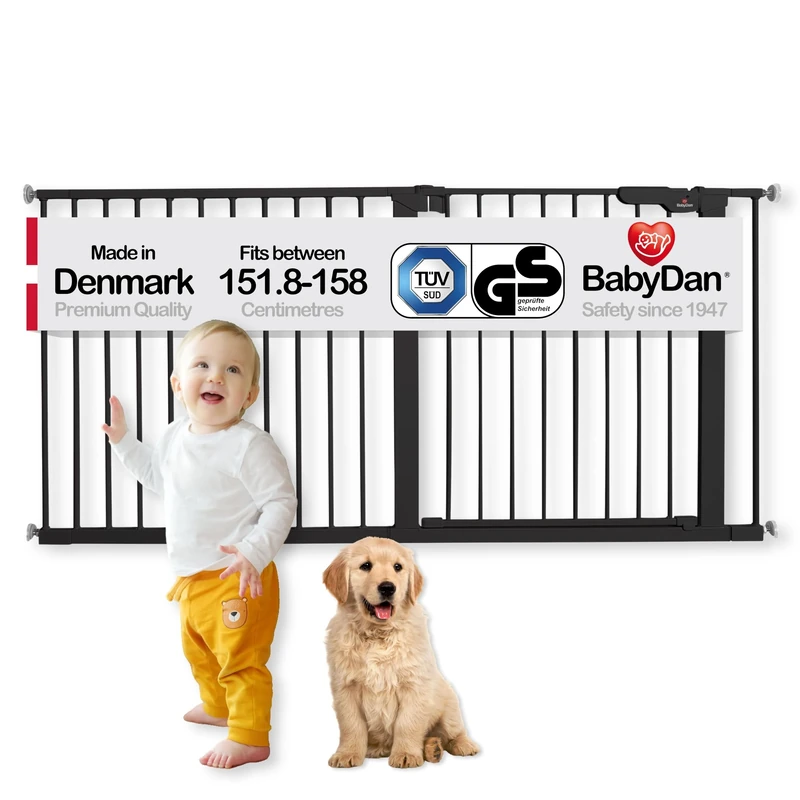 BabyDan Premier, Extra Wide Pressure Fit Stair Gate, 151.8-158 cm, Baby Gate/Safety Gate, Metal, Black, Made in Denmark - (Pet Gate/Dog gate)