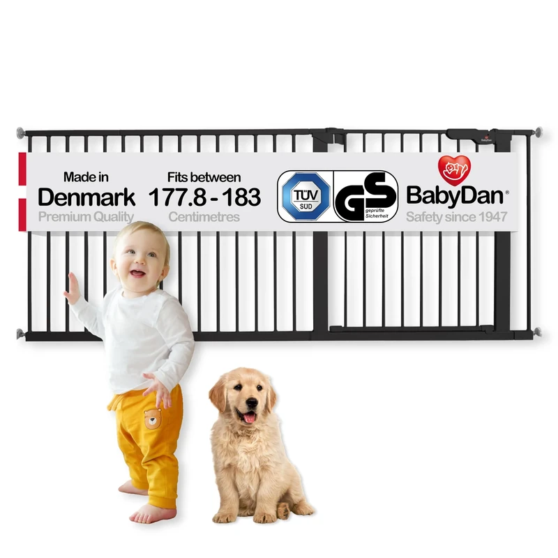 BabyDan Premier, Extra Wide Pressure Fit Stair Gate, 177.8-183 cm, Baby Gate/Safety Gate, Metal, Black, Made in Denmark - (Pet Gate/Dog gate)