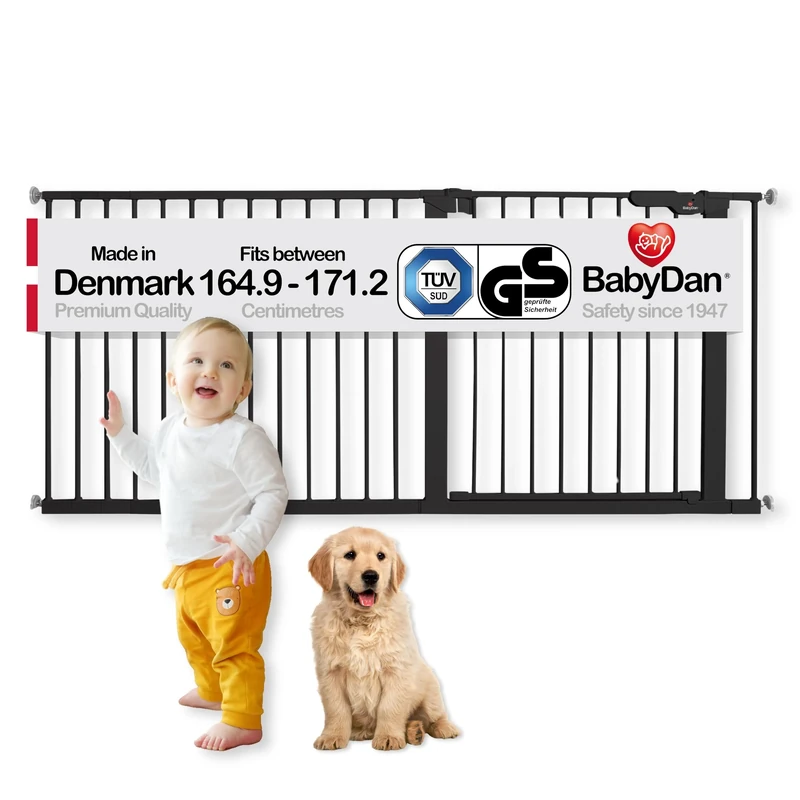 BabyDan Premier, Extra Wide Pressure Fit Stair Gate, 164.9-171.2 cm, Baby Gate/Safety Gate, Metal, Black, Made in Denmark - (Pet Gate/Dog gate)