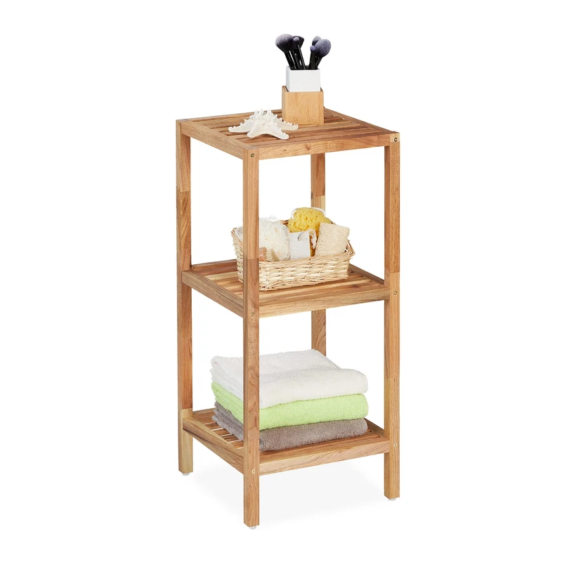 Relaxdays Shelf, 3 Shelves, H x W x D: 79 x 36 x 36 cm, Bathroom, Kitchen, Walnut, Natural, Wood