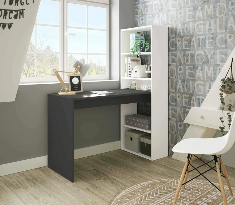 Dmora - Desk Denton, Reversible writing desk with 5-shelf bookcase, Study or office table for PC book holder, 120x53h144 cm, White and Anthracite