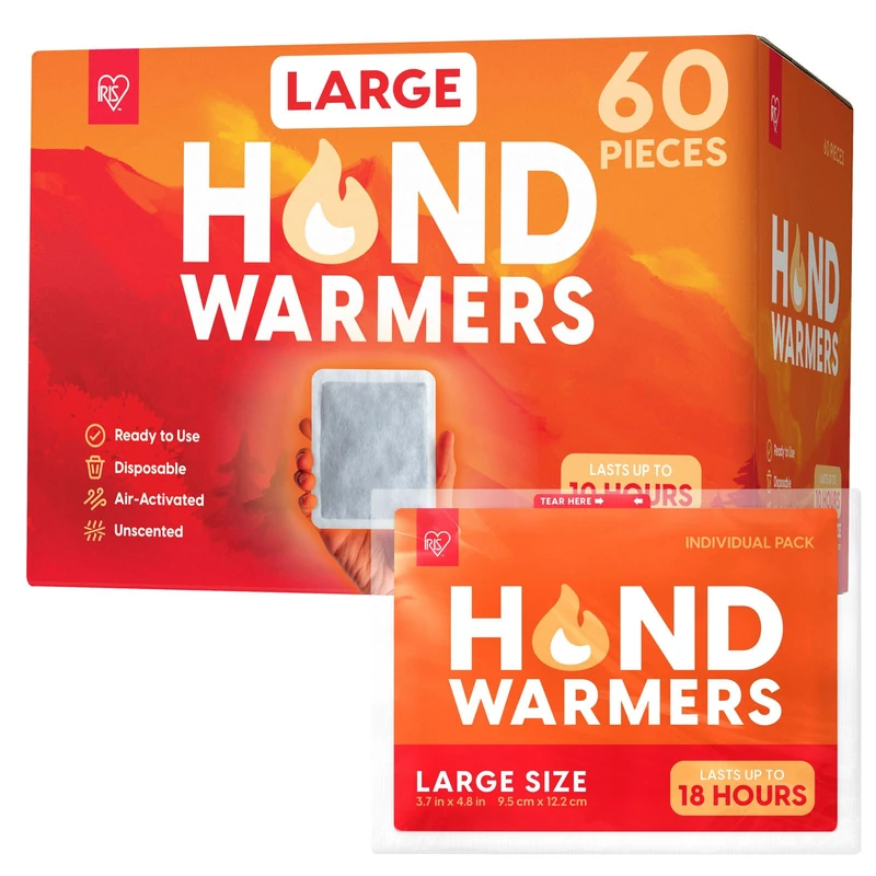 IRIS USA Hand Warmers – Large, 60 Individual Warmers, Long-Lasting Up to 18 Hours for Warm and hot Hands - On The Go, Disposable, Handwarmers for Hands and Feet, Winter Essentials, White - Image 1