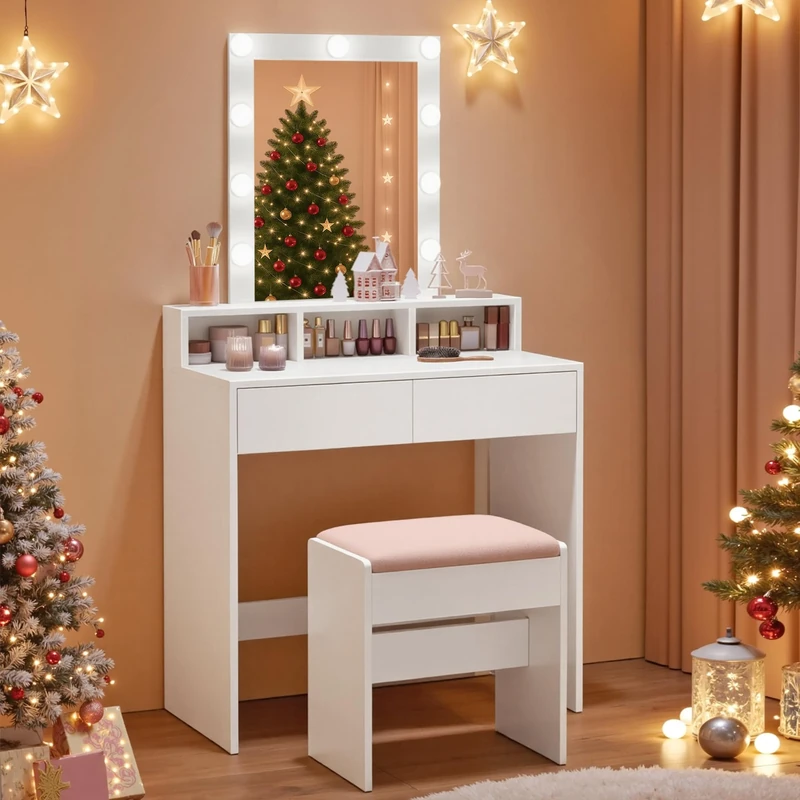 VASAGLE KAILYN Collection - Dressing Table, LED Lights with Adjustable Brightness, Vanity Table with Mirror, 2 Drawers and 3 Compartments, Makeup Desk, Modern, Cloud White RDT194T14