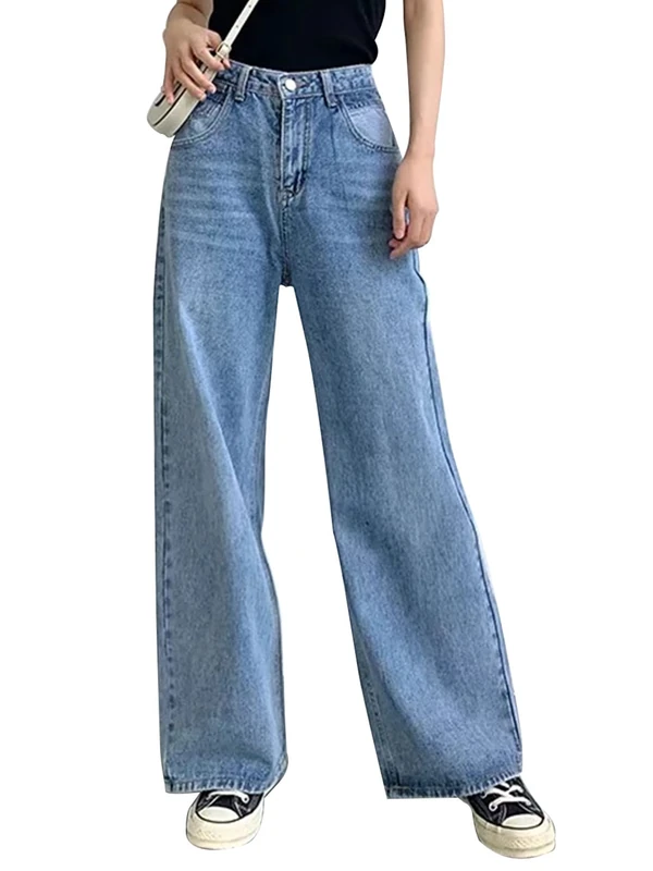 HDLTE Women Ripped Wide Leg Jeans High Waist Baggy Jeans Loose Boyfriends Jeans Blue Washed,Sky Blue, Blue, XS