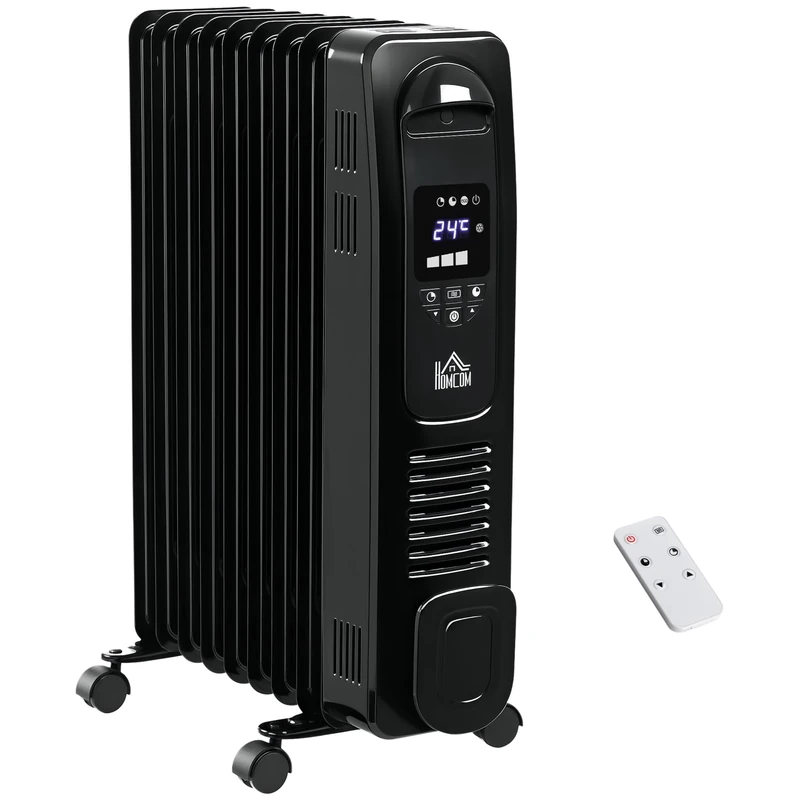 HOMCOM 2500W Digital Display Oil Filled Radiator, 11 Fin Portable Electric Heater with Timer, Adjustable Thermostat, Three Heat Settings, Safety Cut Off, Remote, White