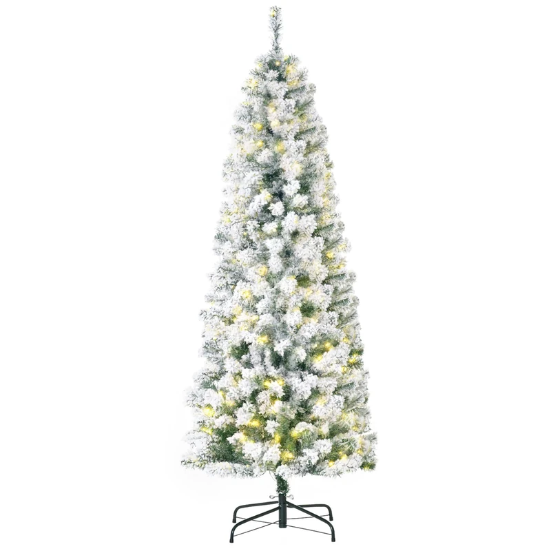 HOMCOM 6FT Prelit Artificial Snow Flocked Christmas Tree Home Green White
