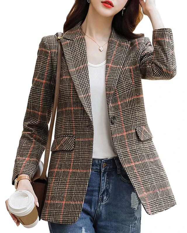 ebossy Women's Notch Lapel 2 Button Boyfriend Blazer Suit Houndstooth Plaid Jacket Coat, Z-Khaki, M