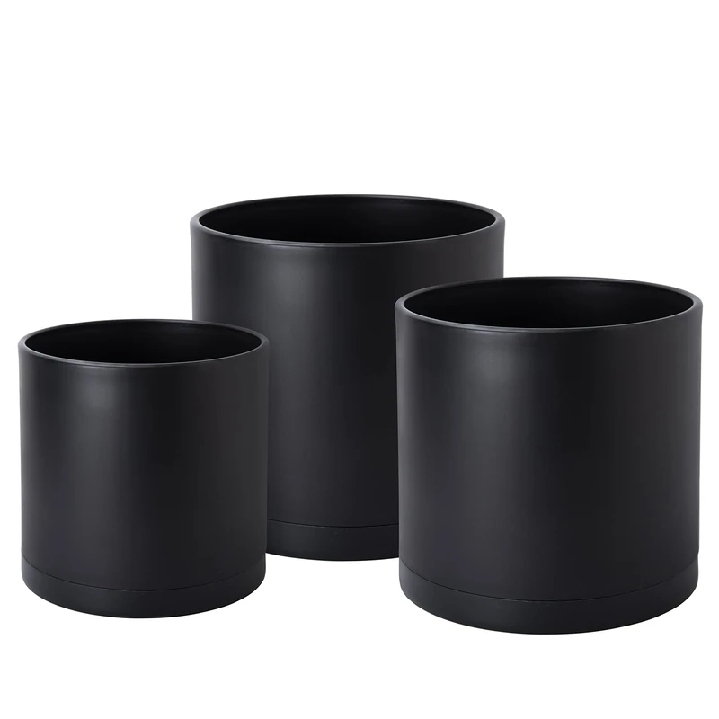 D'vine Dev 10 Inch 12 Inch 14 Inch, Set of 3 Plastic Planter Pots for Plants with Drainage Hole and Seamless Saucers, Black Color, XX-Large, 74-E-XXL-2