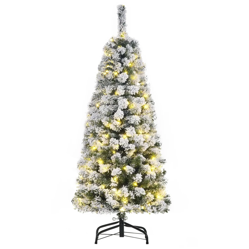 HOMCOM 4FT Prelit Artificial Snow Flocked Christmas Tree Home Green White