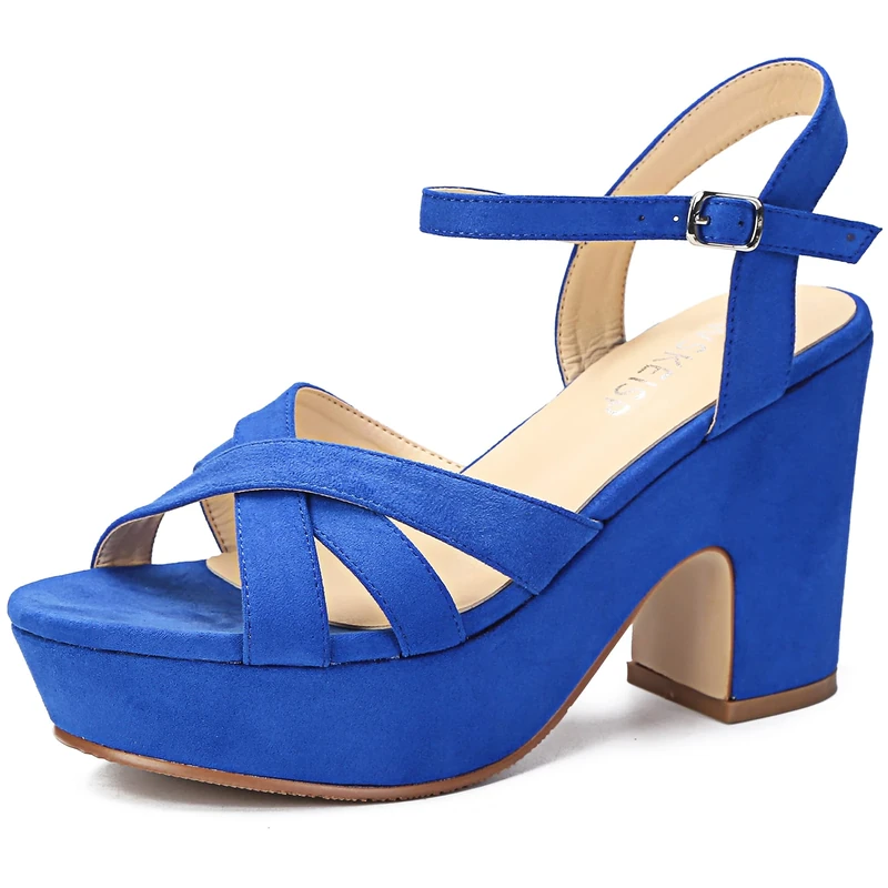 WSKEISP Women's Blue Suede Platform Sandals - 4" Block Heel